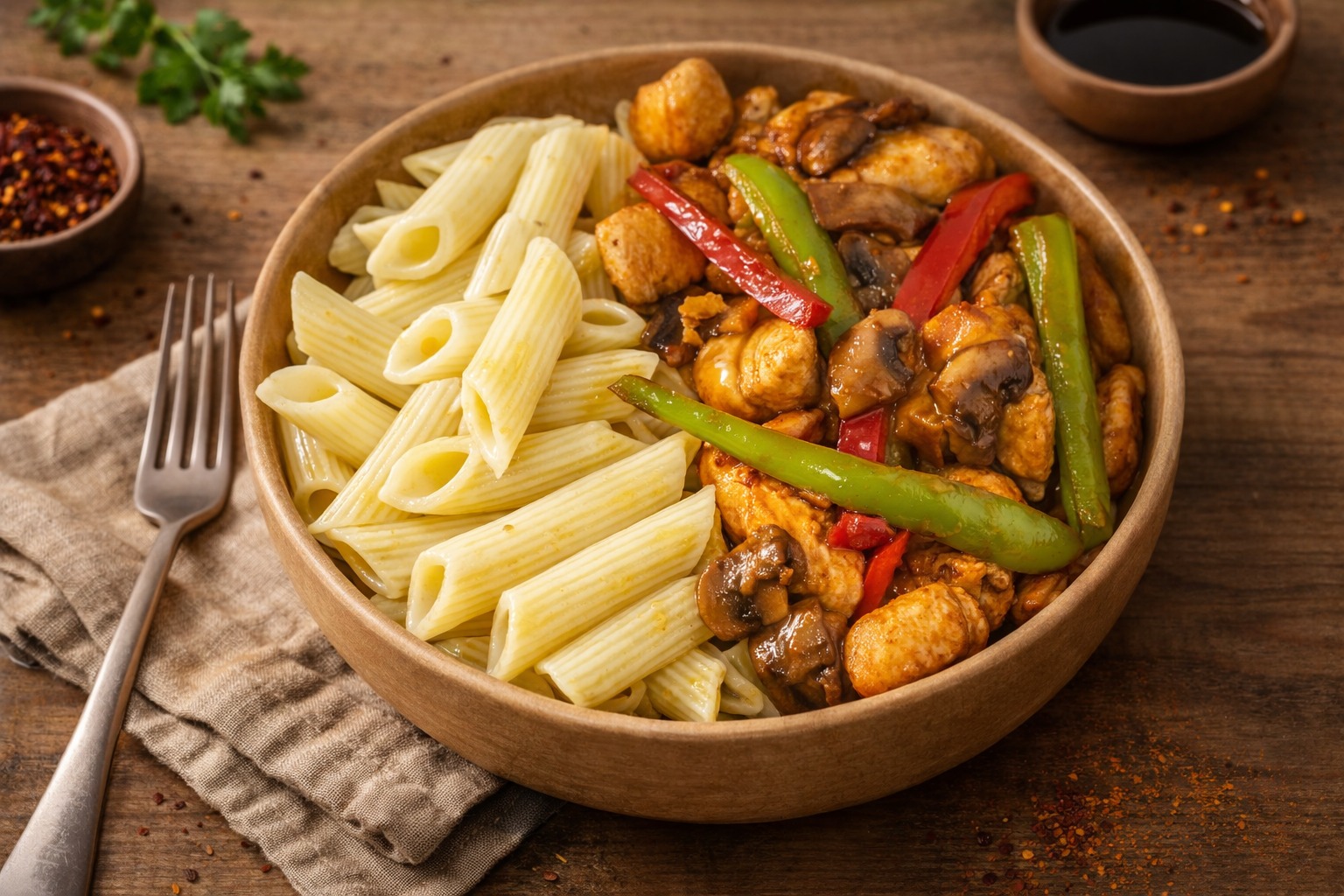 SOYA SOSLU SEBZELİ TAVUK MAKARNA